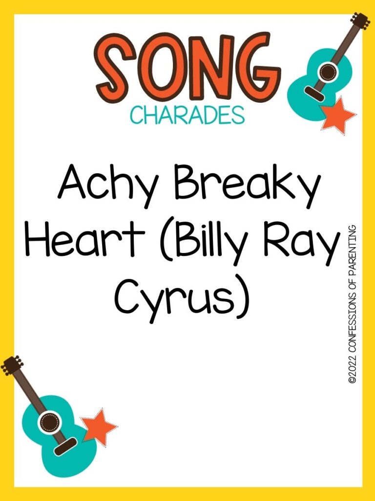 song charade with teal guitars and orange stars on a white background with yellow trim