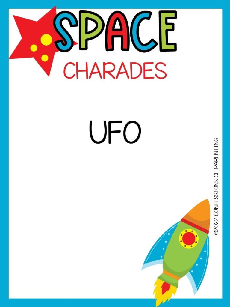 space charade title in multiple colors with orange planet and rocket on white background with blue border 