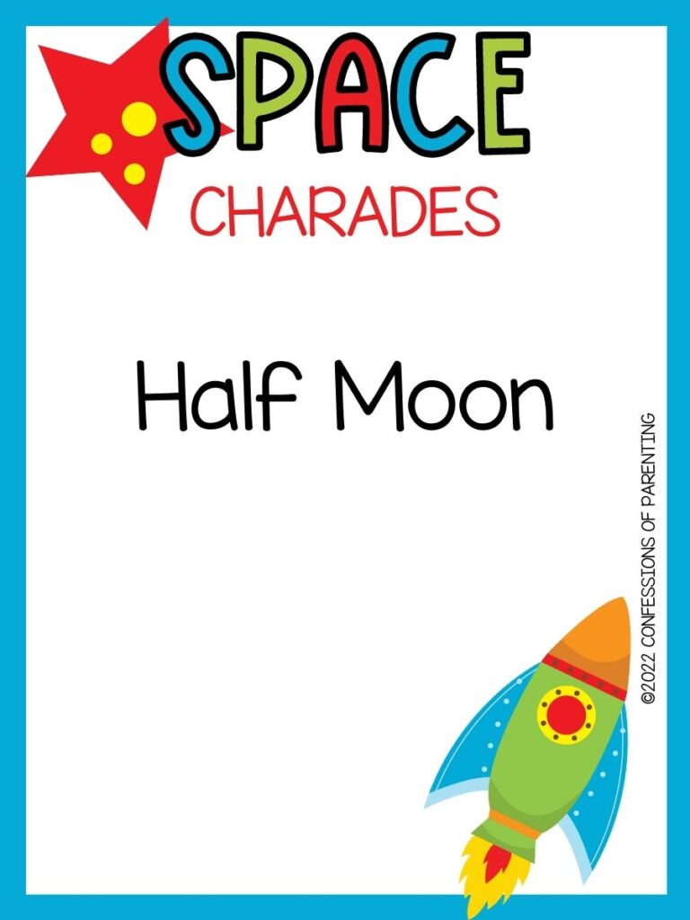 space charade title in multiple colors with orange planet and rocket on white background with blue border 