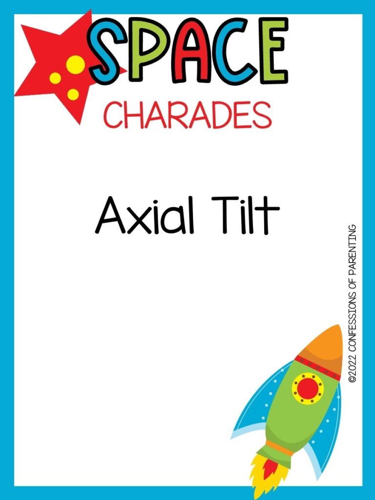 space charade title in multiple colors with orange planet and rocket on white background with blue border 