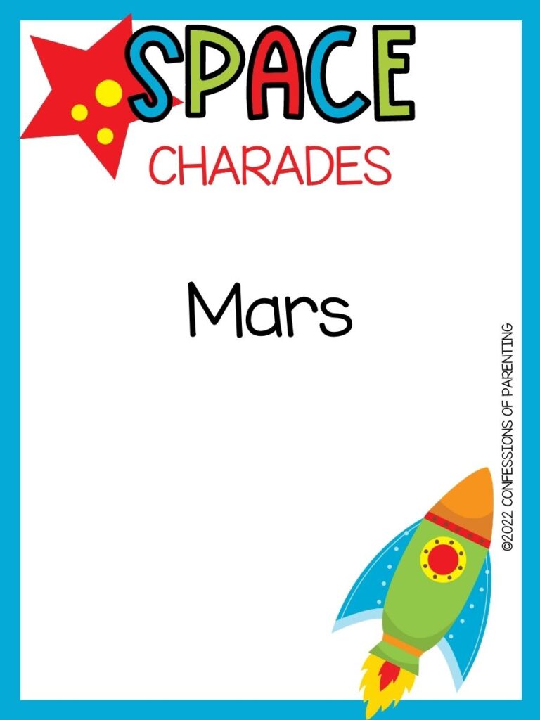 space charade title in multiple colors with orange planet and rocket on white background with blue border 