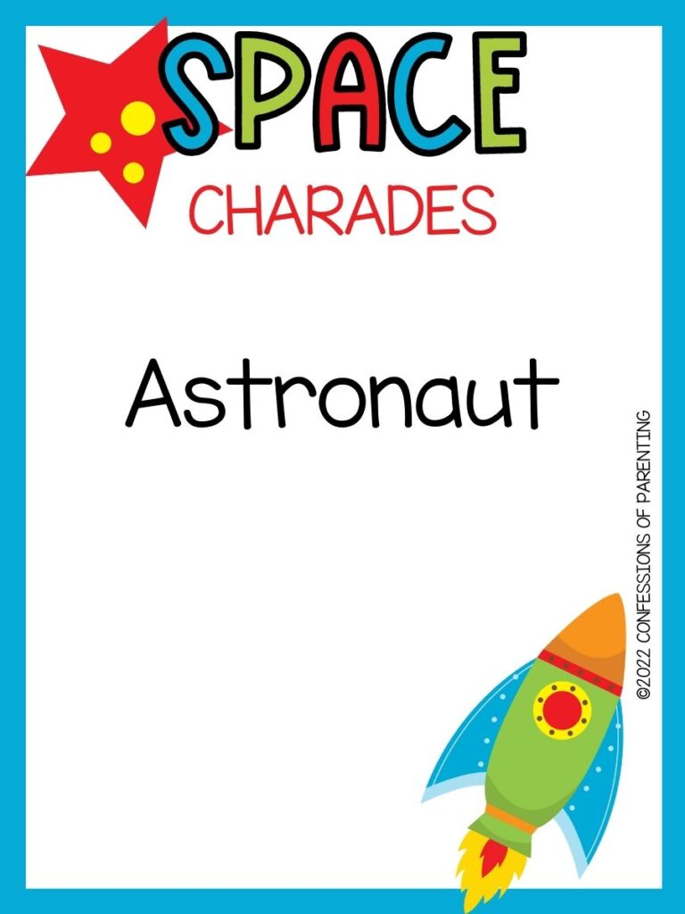 space charade title in multiple colors with orange planet and rocket on white background with blue border 