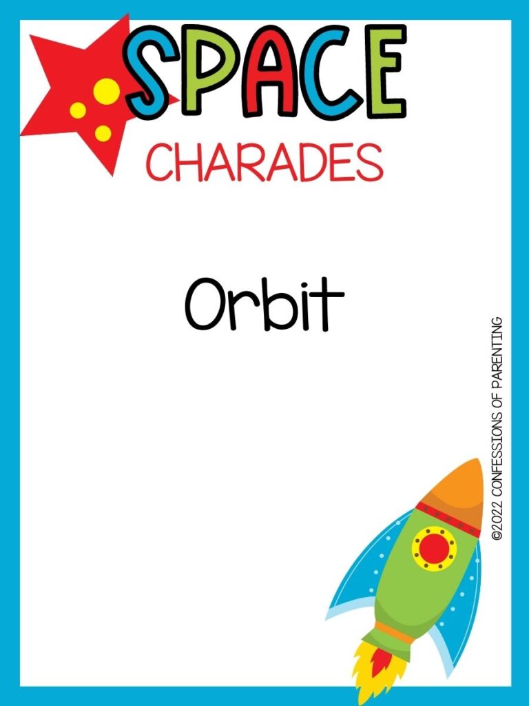 space charade title in multiple colors with orange planet and rocket on white background with blue border 