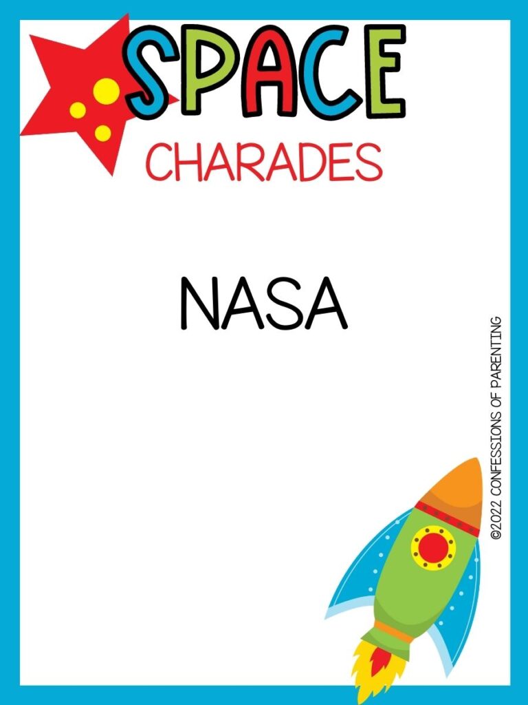 space charade title in multiple colors with orange planet and rocket on white background with blue border 