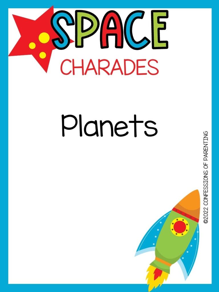 space charade title in multiple colors with orange planet and rocket on white background with blue border 