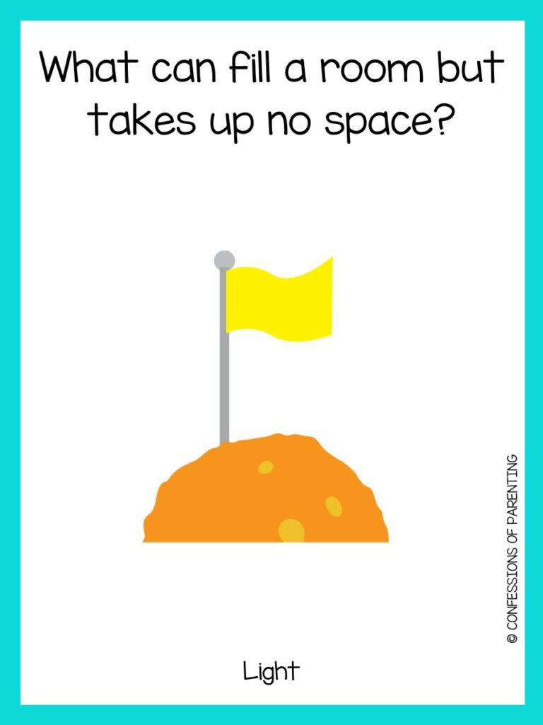 Orange and yellow moon with a yellow flag flying on it with a riddle about space and a teal border. 