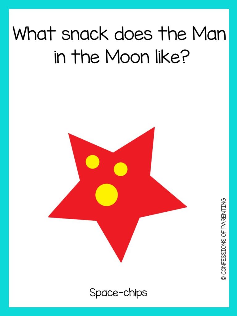 A red star with three yellow dots with a riddle about space with a teal border. 