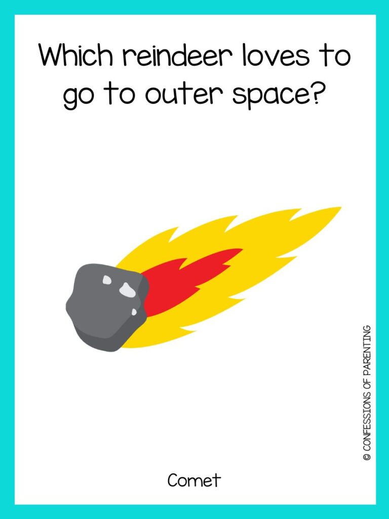 A shooting comet that has yellow and red flames with a space riddle and teal border. 