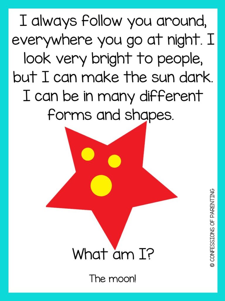 A red star with three yellow dots with a riddle about space with a teal border. 