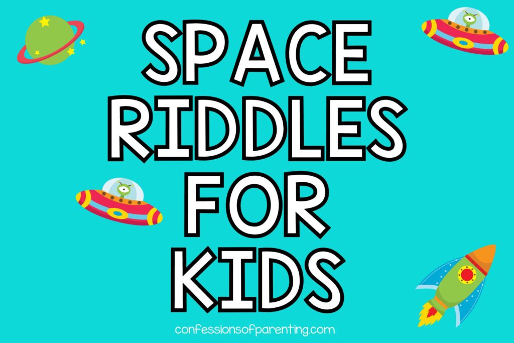 space rocket, planet on teal background with white text says "space riddles for kids"