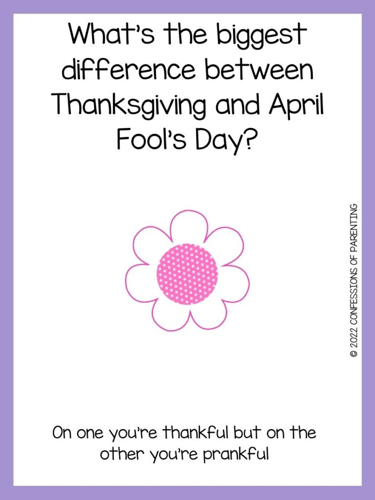pink flower with a spring joke on a white background with a purple border 