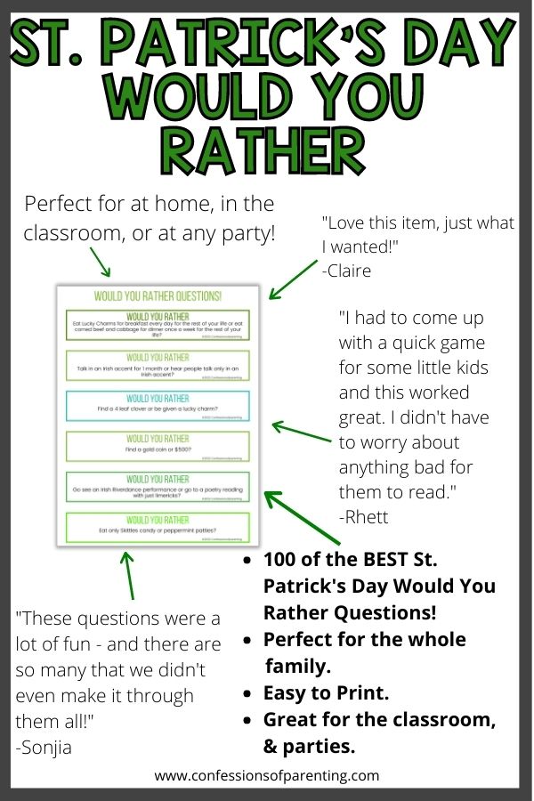 Testimonial for the st. Patrick's day would you rather questions stating that there are 100 questionss and great for the classroom and parties with a gray border. 