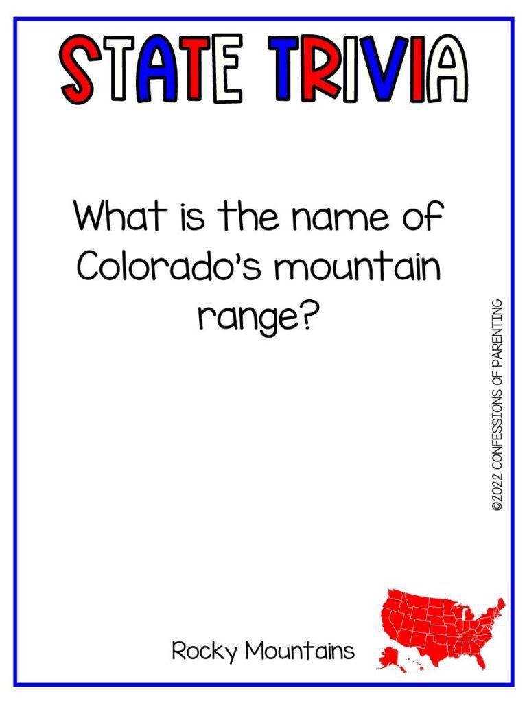 State Trivia title in red, white and blue with trivia question and small red united states picture on white background and thin blue border