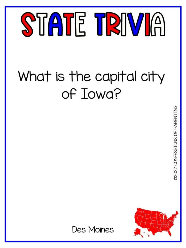 State Trivia title in red, white and blue with trivia question and small red united states picture on white background and thin blue border