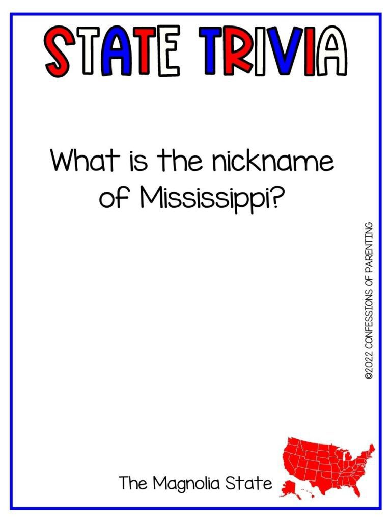 State Trivia title in red, white and blue with trivia question and small red united states picture on white background and thin blue border