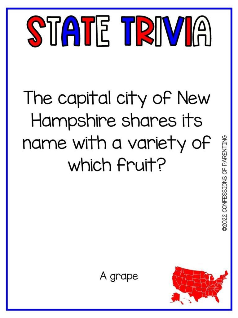 State Trivia title in red, white and blue with trivia question and small red united states picture on white background and thin blue border