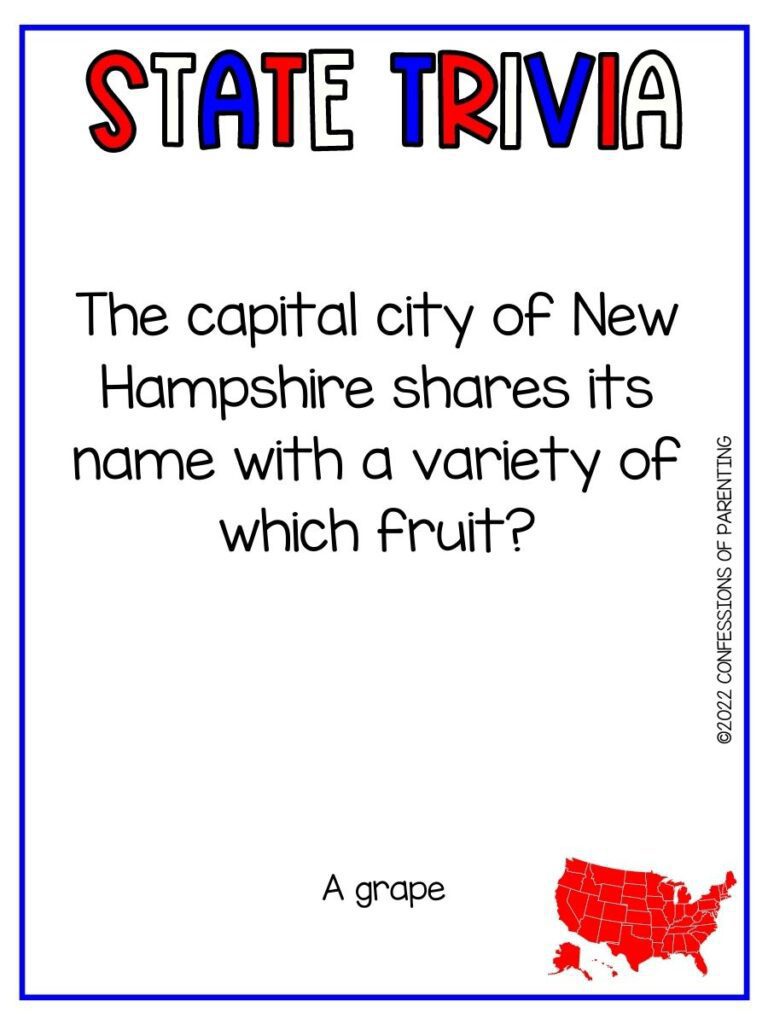 State Trivia title in red, white and blue with trivia question and small red united states picture on white background and thin blue border