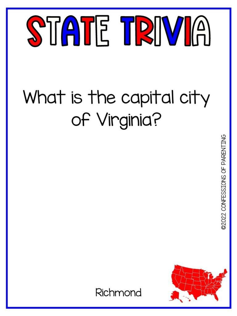 State Trivia title in red, white and blue with trivia question and small red united states picture on white background and thin blue border