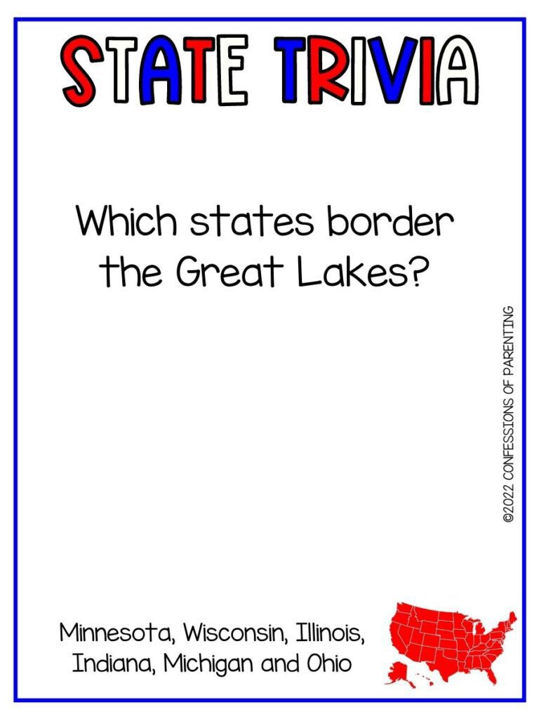 State Trivia title in red, white and blue with trivia question and small red united states picture on white background and thin blue border