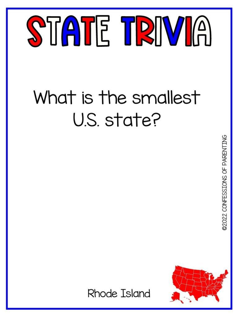 State Trivia title in red, white and blue with trivia question and small red united states picture on white background and thin blue border