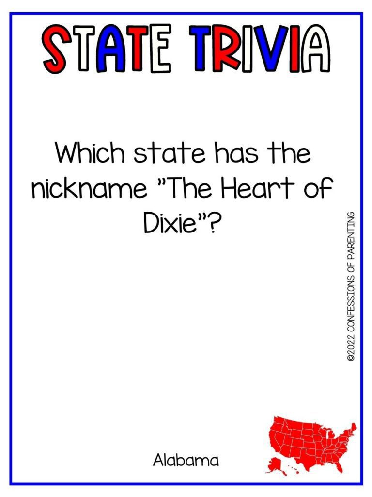 State Trivia title in red, white and blue with trivia question and small red united states picture on white background and thin blue border