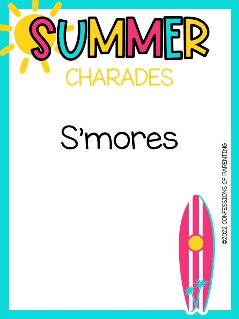 summer charades title in multiple colors and charade idea with pink surfboard on white background with teal border