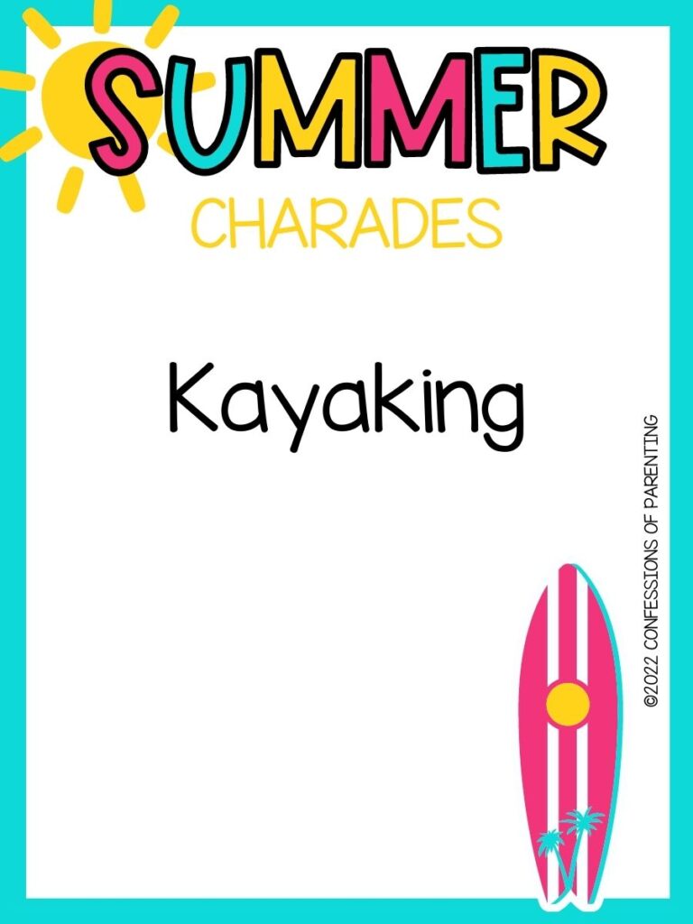 summer charades title in multiple colors and charade idea with pink surfboard on white background with teal border