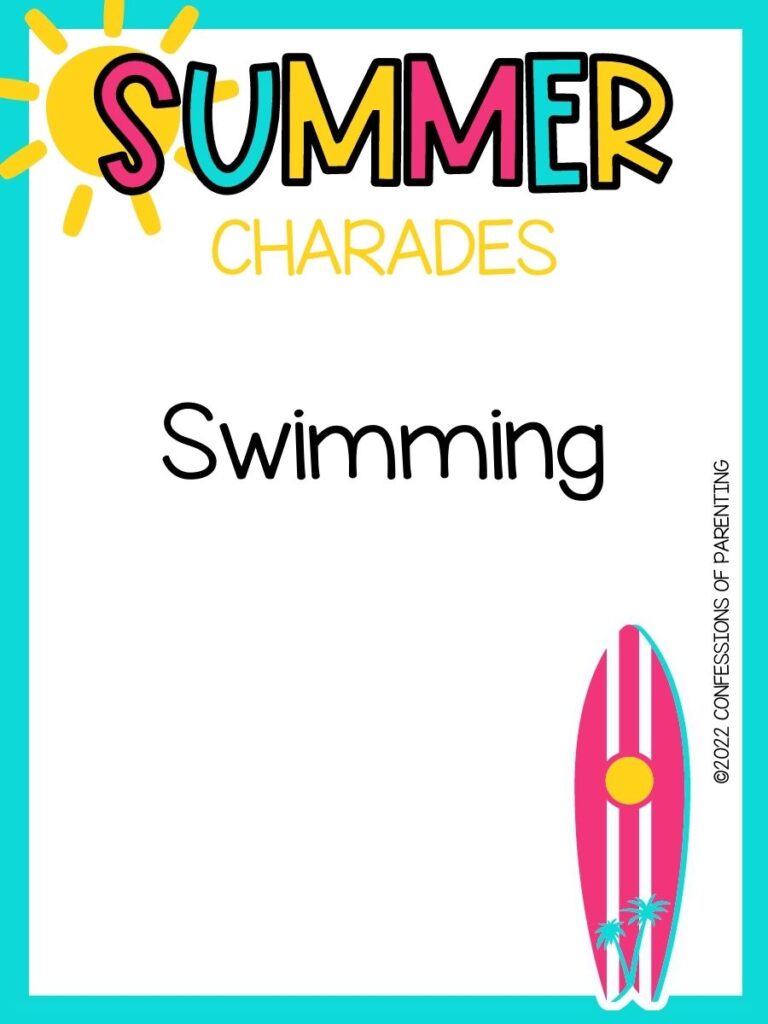 summer charades title in multiple colors and charade idea with pink surfboard on white background with teal border