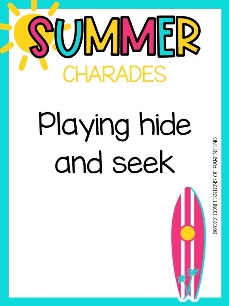 summer charades title in multiple colors and charade idea with pink surfboard on white background with teal border