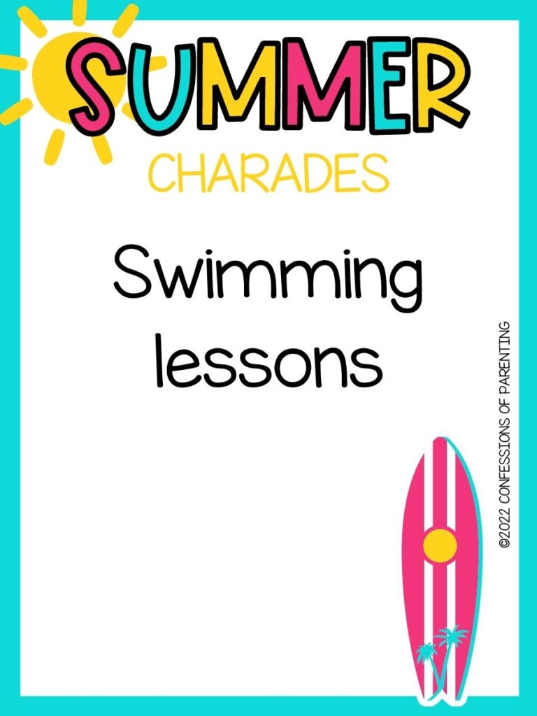 summer charades title in multiple colors and charade idea with pink surfboard on white background with teal border