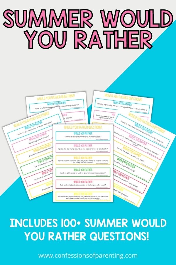 Five examples of the would you rather questions printables on a teal background stating that there are 100+ questions. 