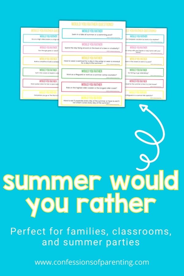 Three examples of the printable summer would you rather questions on a teal background. 
