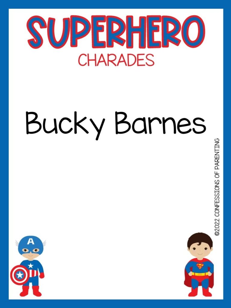 Superhero charade with cute captain america and superman on white background with blue trim