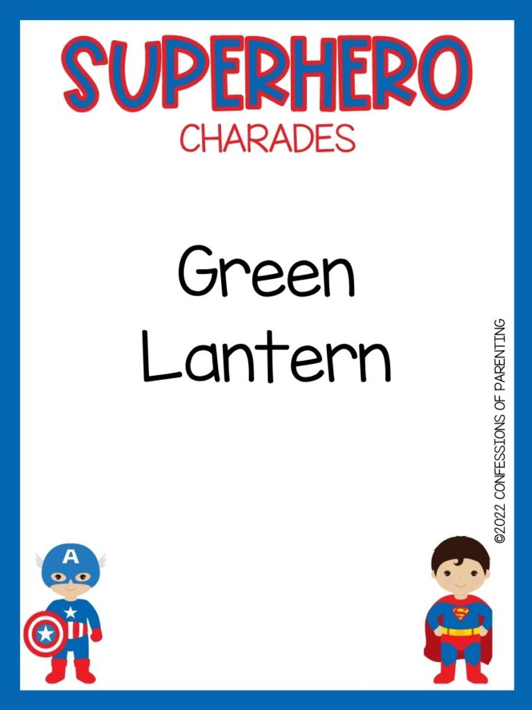 Superhero charade with cute captain america and superman on white background with blue trim