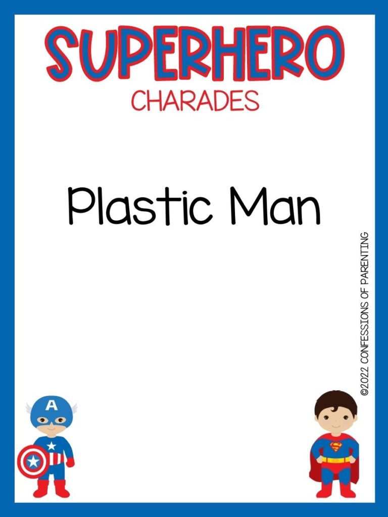 Superhero charade with cute captain america and superman on white background with blue trim