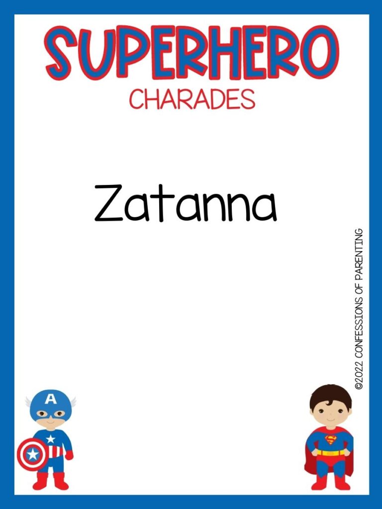 Superhero charade with cute captain america and superman on white background with blue trim