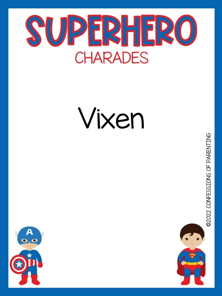 Superhero charade with cute captain america and superman on white background with blue trim