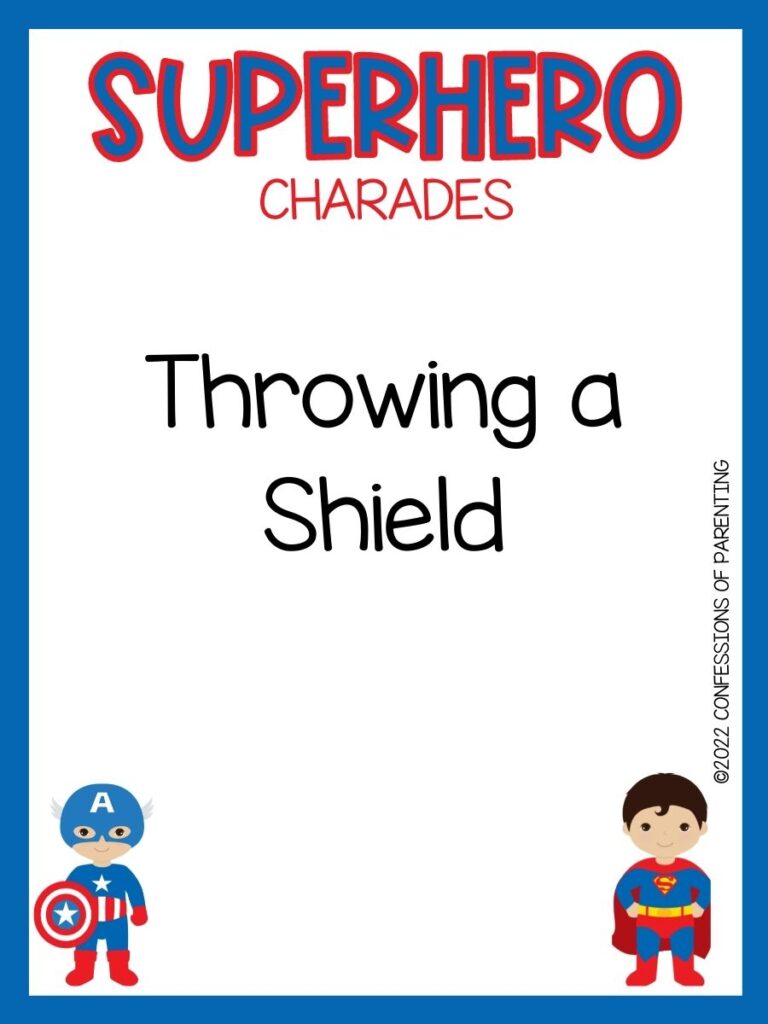Superhero charade with cute captain america and superman on white background with blue trim