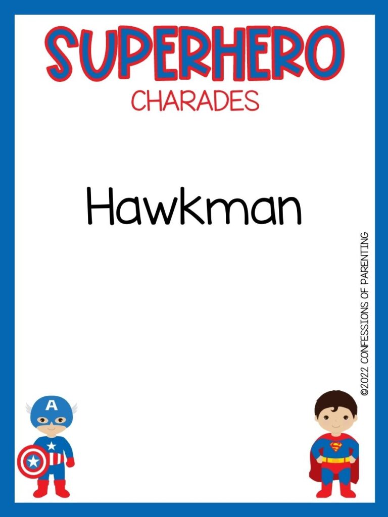 Superhero charade with cute captain america and superman on white background with blue trim