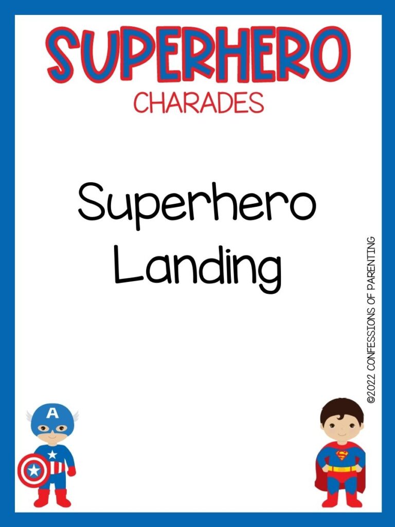 Superhero charade with cute captain america and superman on white background with blue trim