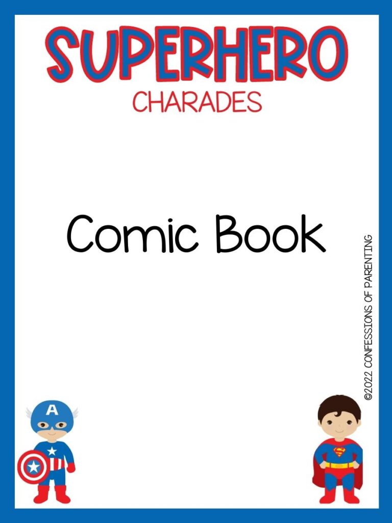 Superhero charade with cute captain america and superman on white background with blue trim