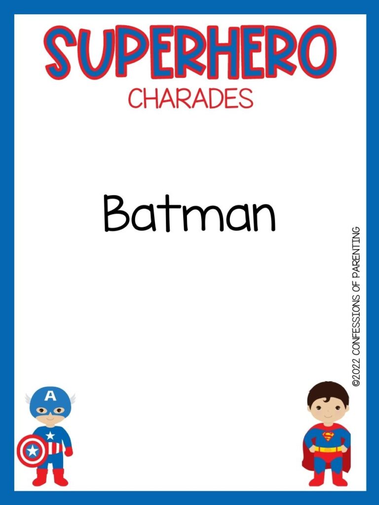 Superhero charade with cute captain america and superman on white background with blue trim