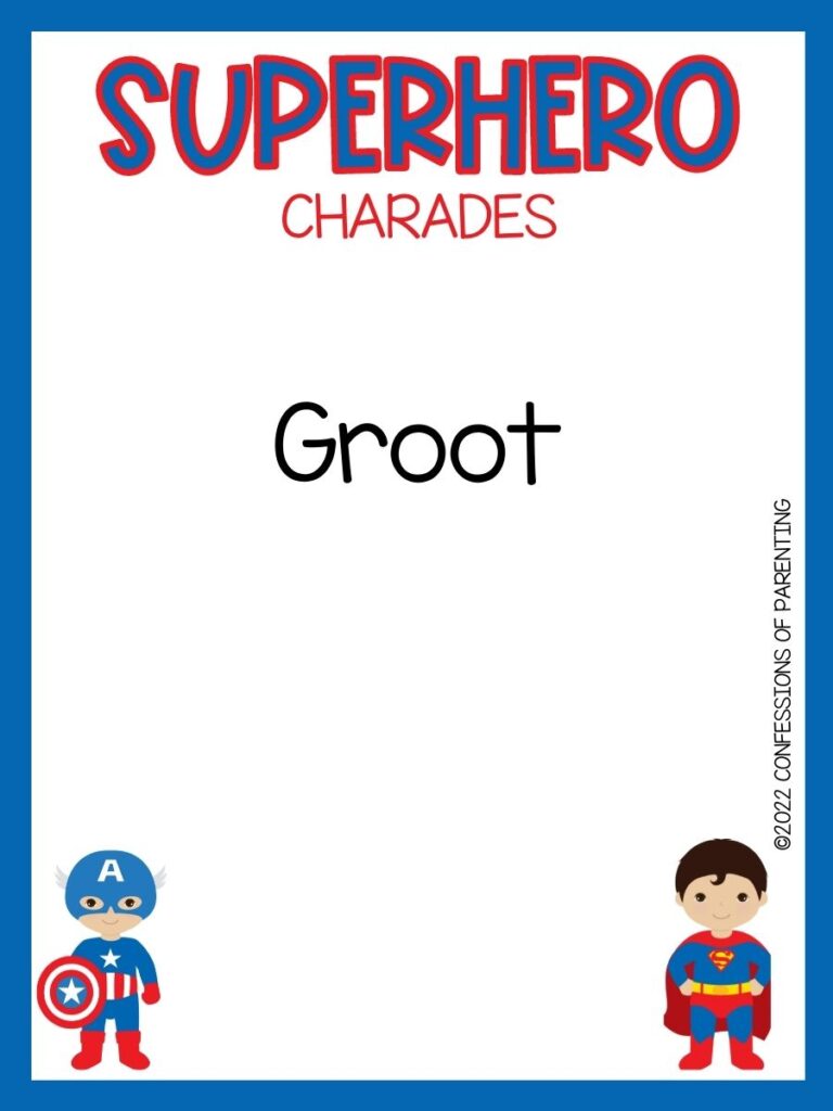 Superhero charade with cute captain america and superman on white background with blue trim