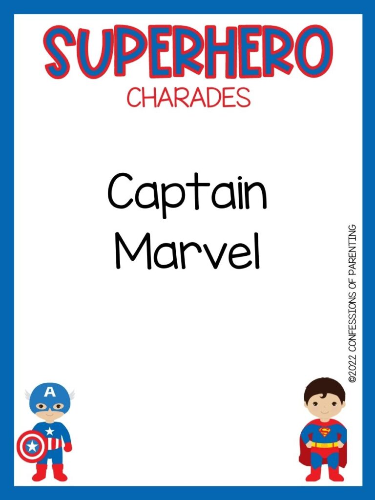 Superhero charade with cute captain america and superman on white background with blue trim