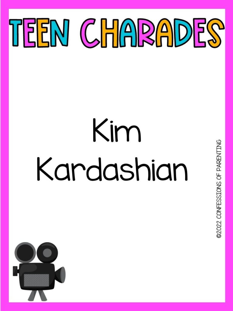 teen charades title in teal, pink and yellow with charades idea and old film camera on white background with bright pink border 