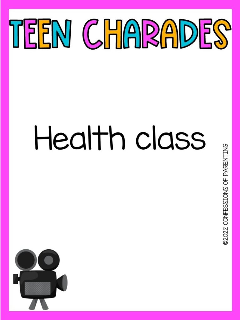 teen charades title in teal, pink and yellow with charades idea and old film camera on white background with bright pink border 