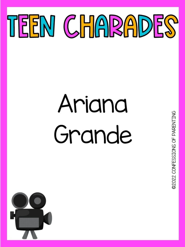 teen charades title in teal, pink and yellow with charades idea and old film camera on white background with bright pink border 