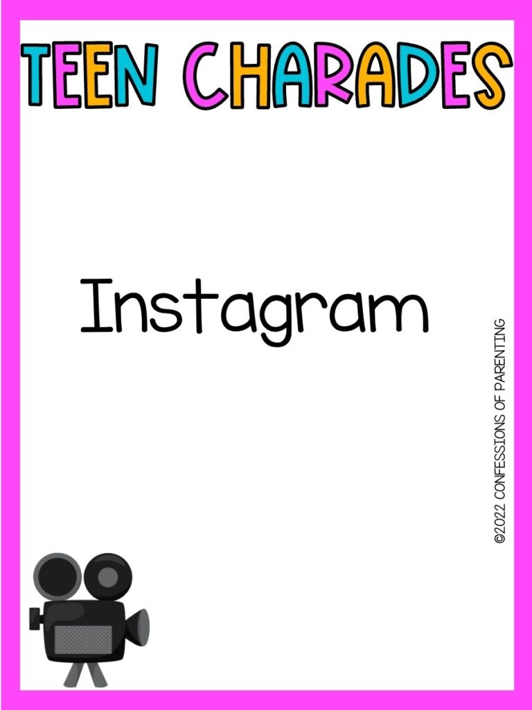 teen charades title in teal, pink and yellow with charades idea and old film camera on white background with bright pink border 