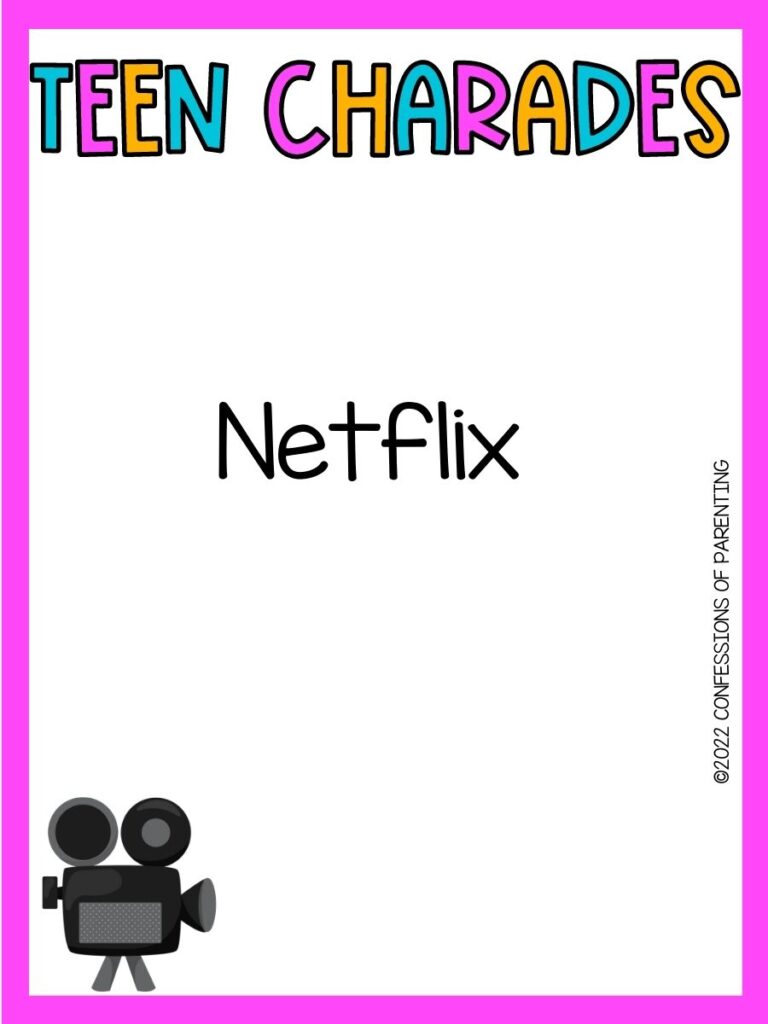 teen charades title in teal, pink and yellow with charades idea and old film camera on white background with bright pink border 