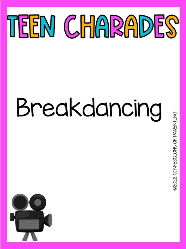 teen charades title in teal, pink and yellow with charades idea and old film camera on white background with bright pink border 